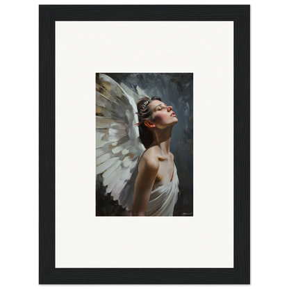 Framed wall art of an angelic figure with white wings in a light orchard setting