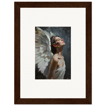 Framed wall art of an angelic figure in a light orchard for elegant room decor