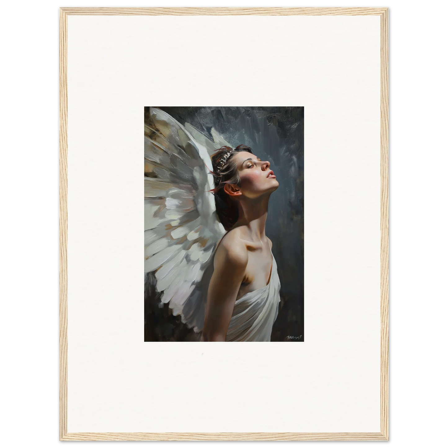 Framed wall art of an angelic figure in a light orchard for elegant room decor