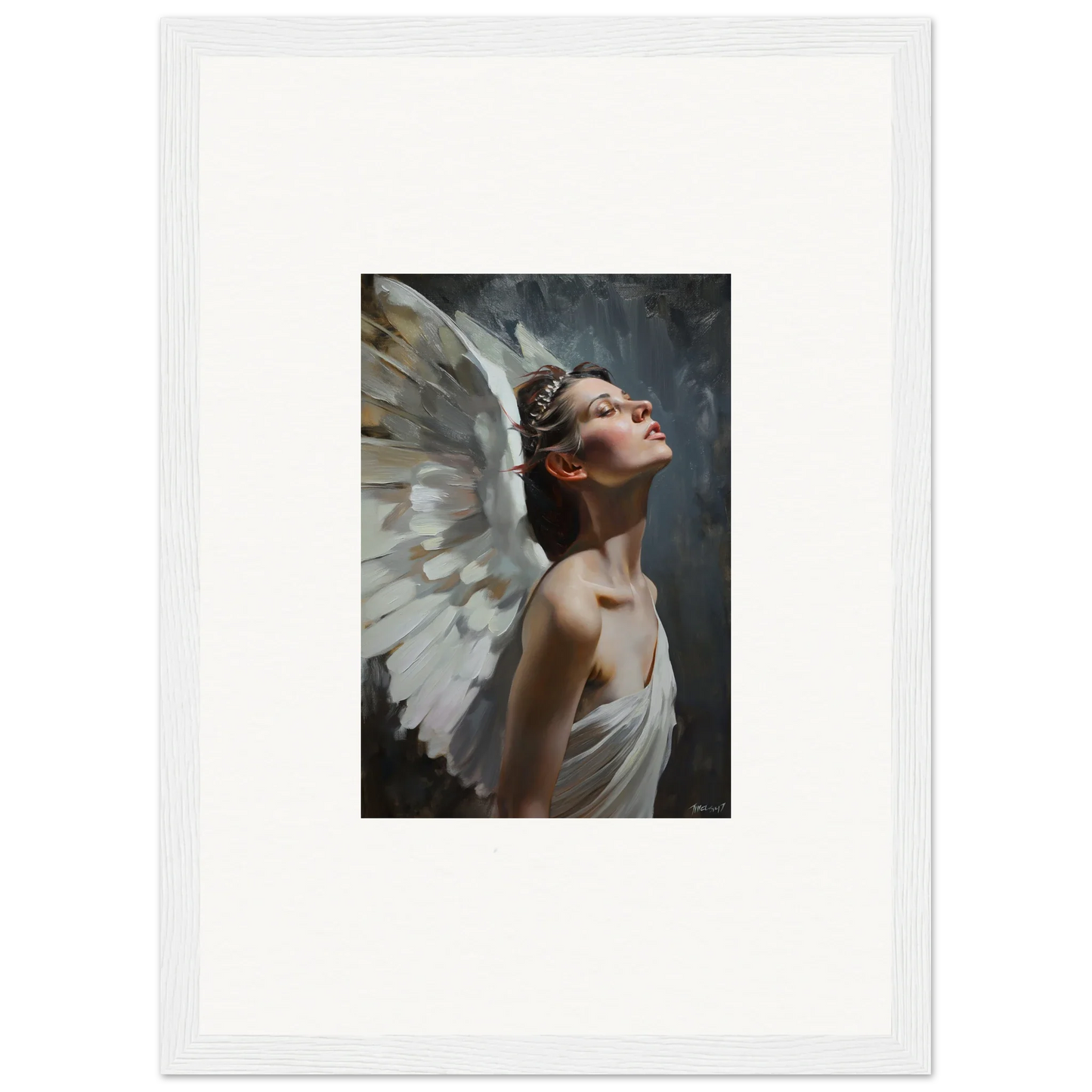 Framed wall art of angelic figure symbolizes serene beauty for light orchard room decor