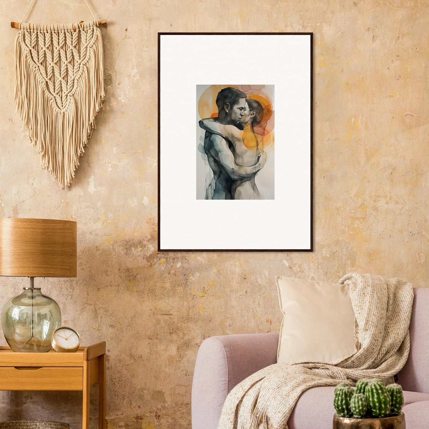 Framed wall art of embracing couple against orange background, perfect morning dichotomy room decor