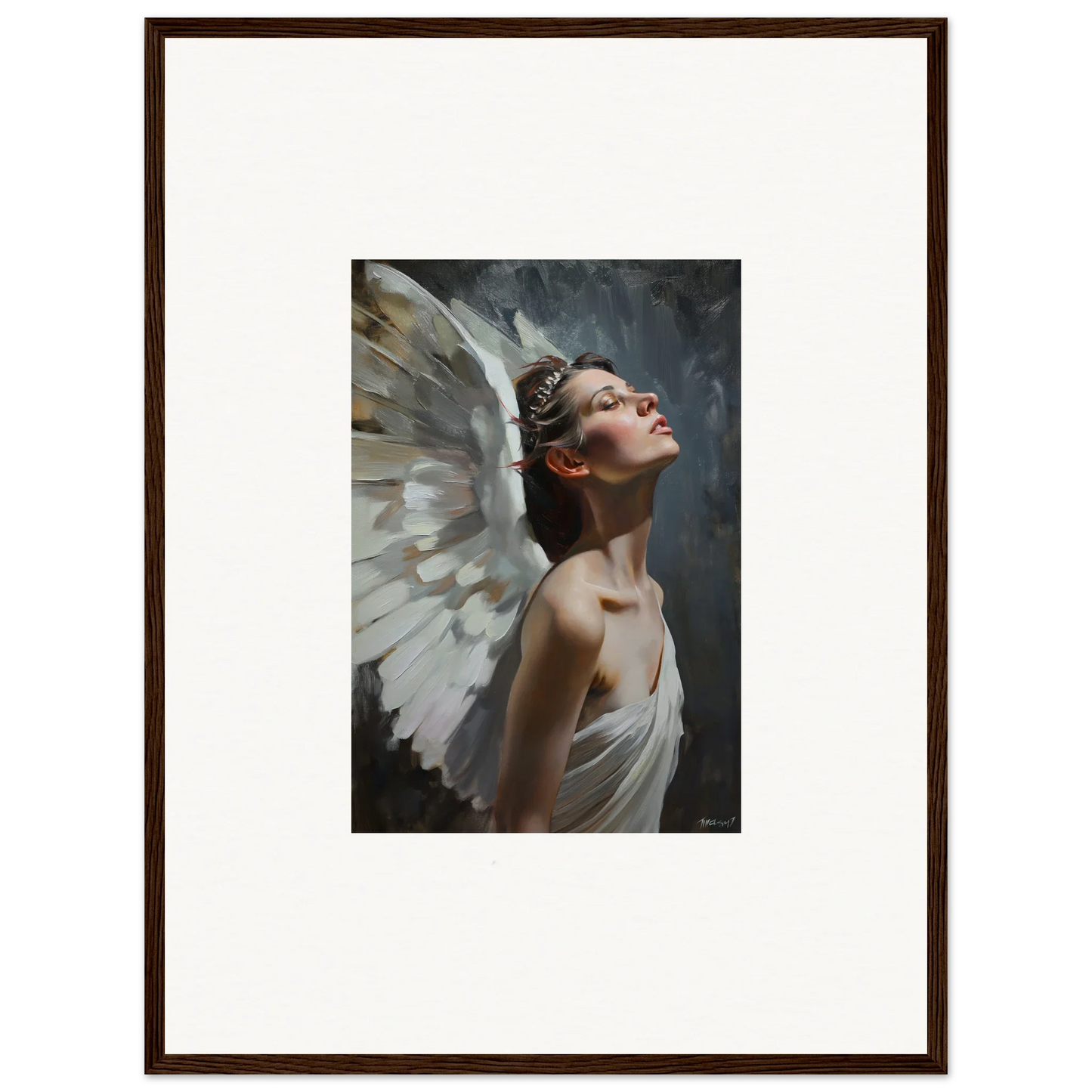 Framed wall art of an ethereal figure with wings for serene room decor in Light Orchard