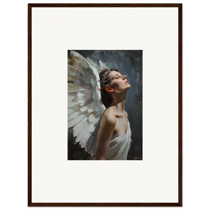 Framed wall art of an ethereal figure with wings for serene room decor in Light Orchard