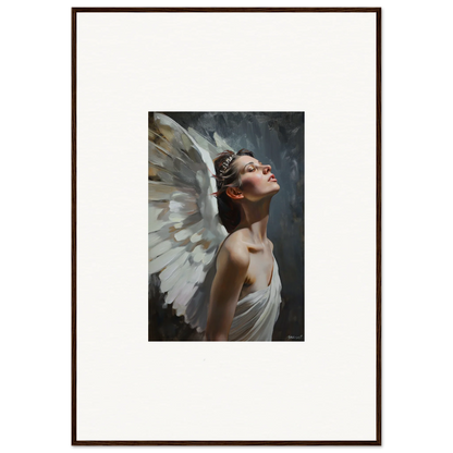 Framed wall art of an ethereal figure with white wings for light orchard room decor