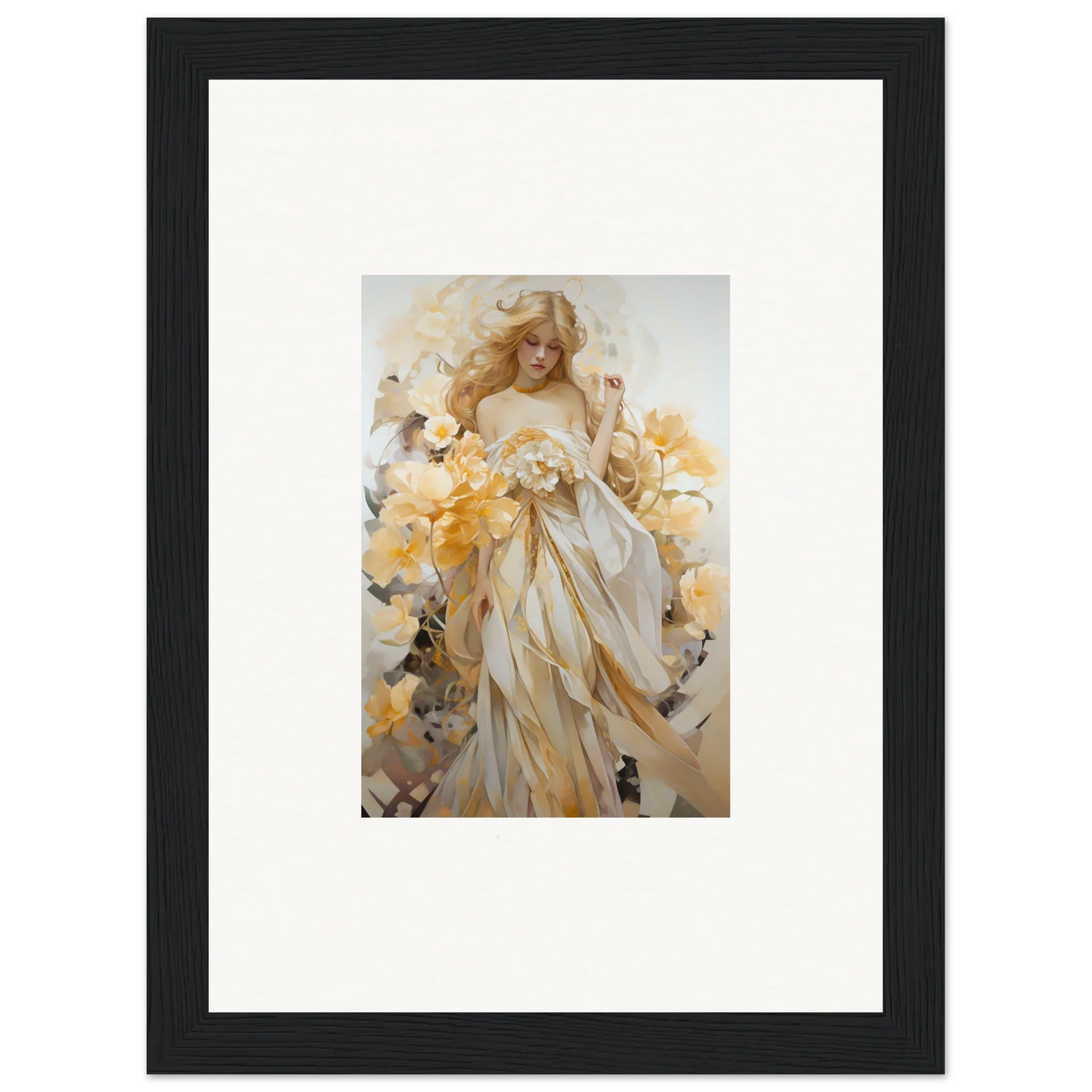 Framed wall art of an ethereal woman in white robes with blossom sway and flowers