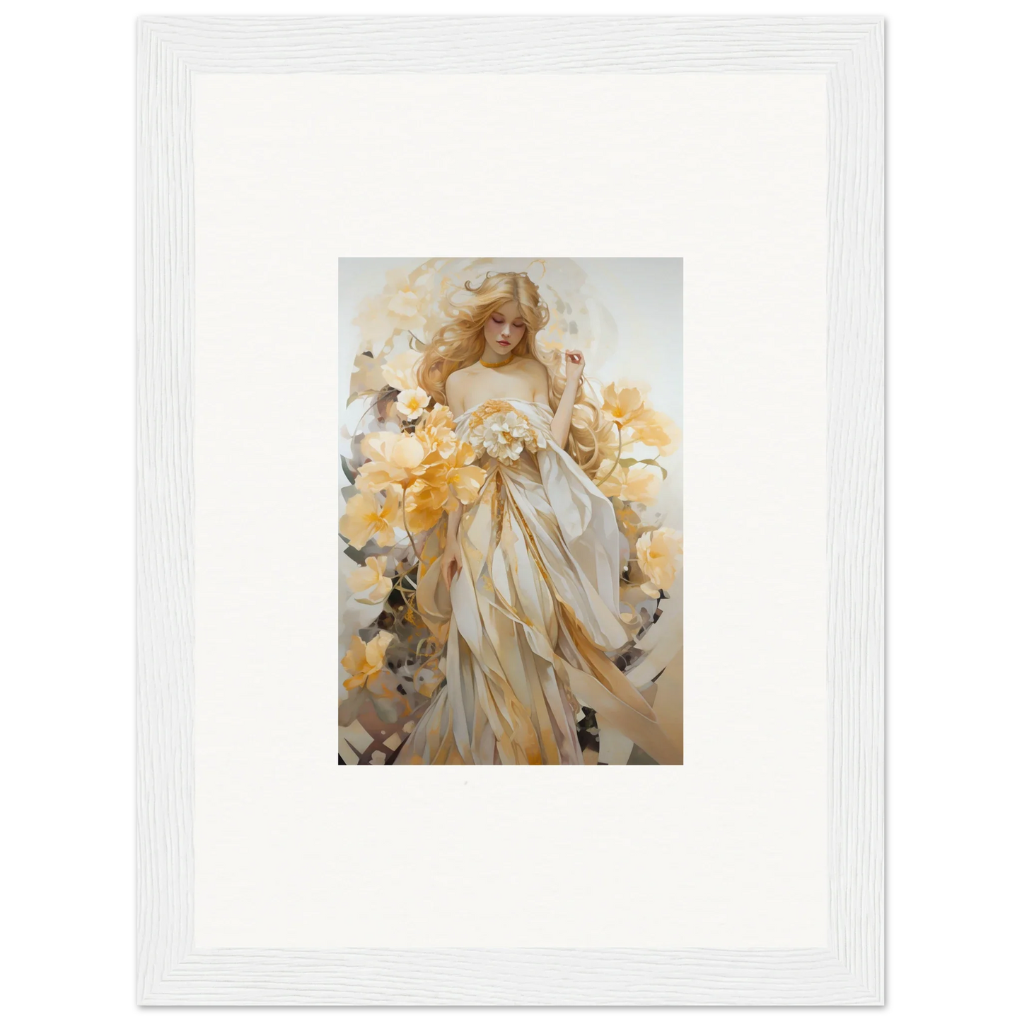 Framed wall art of an ethereal woman in robes amid blossoms for elegant room decor