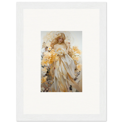 Framed wall art of an ethereal woman in robes amid blossoms for elegant room decor