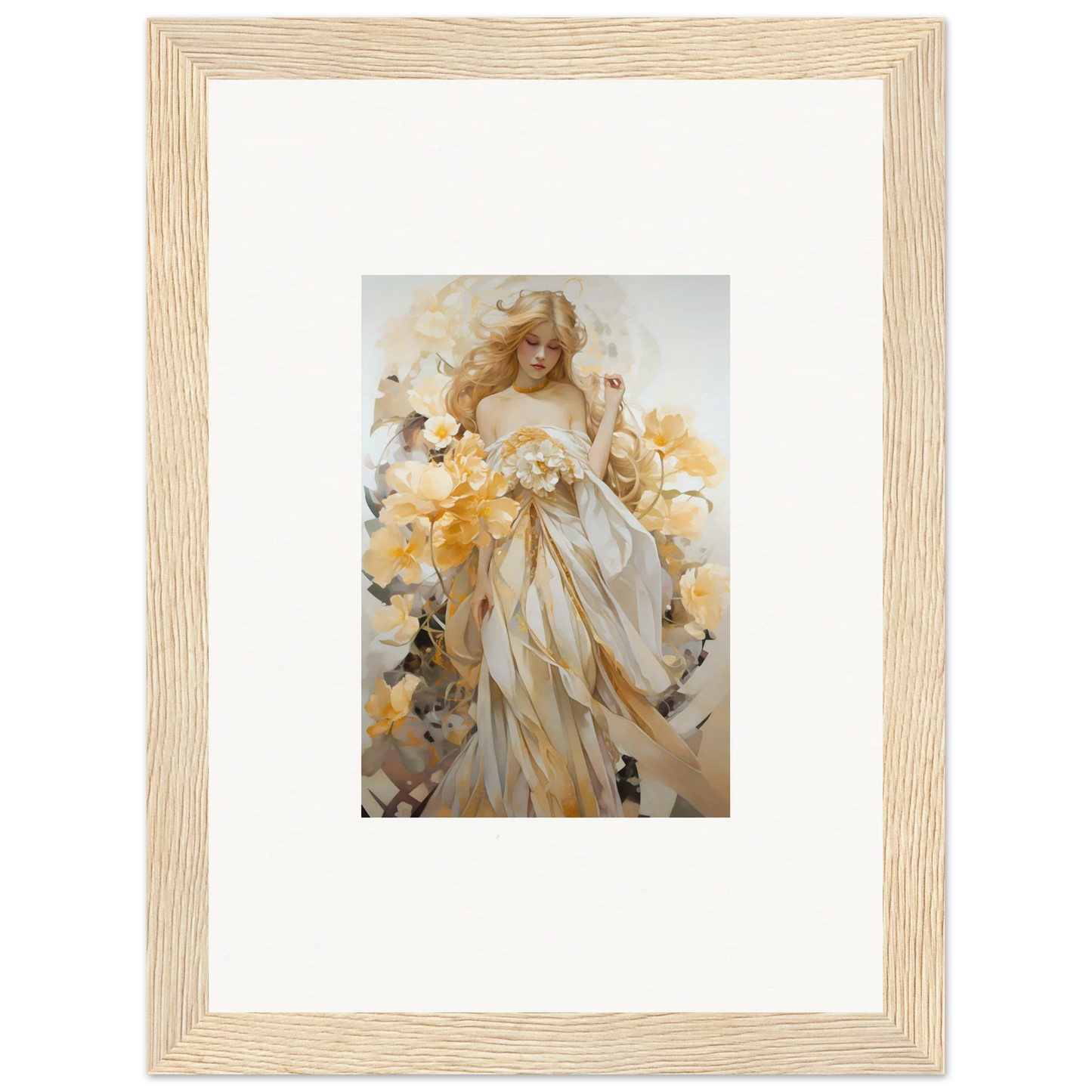 Framed wall art of an ethereal woman in gold and white robes with blossom sway flowers