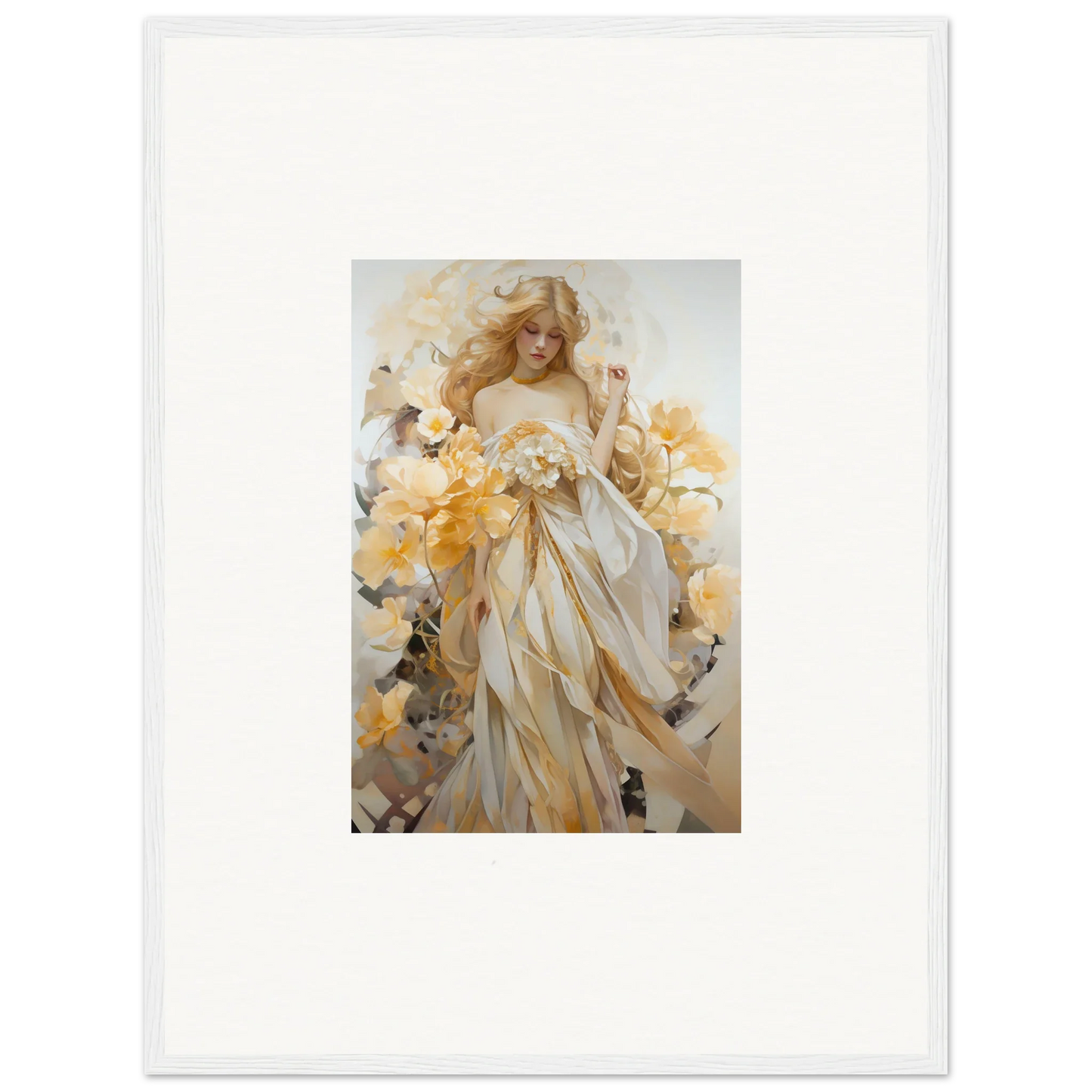 Framed wall art of an ethereal woman in a white dress with yellow flowers, Blossom Sway