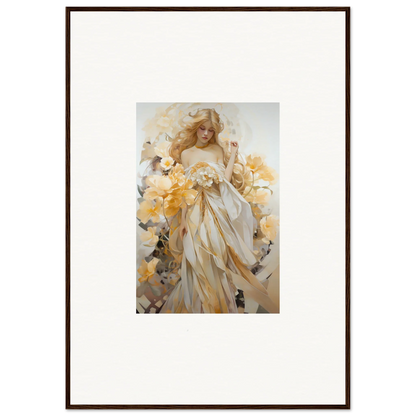 Framed wall art of an ethereal woman in white and yellow with blossom sway design