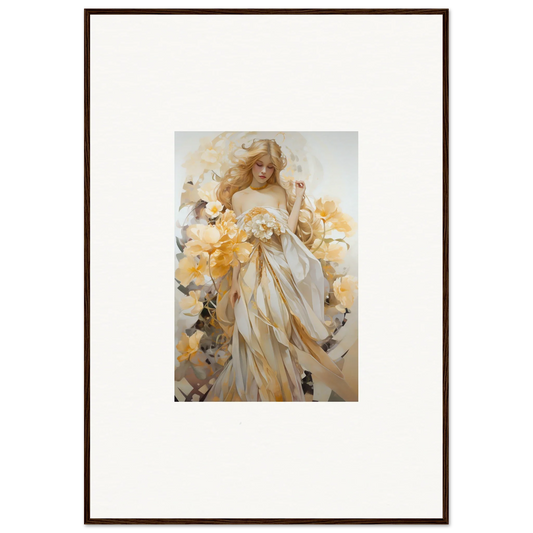 Framed wall art of an ethereal woman in white and yellow with blossom sway design