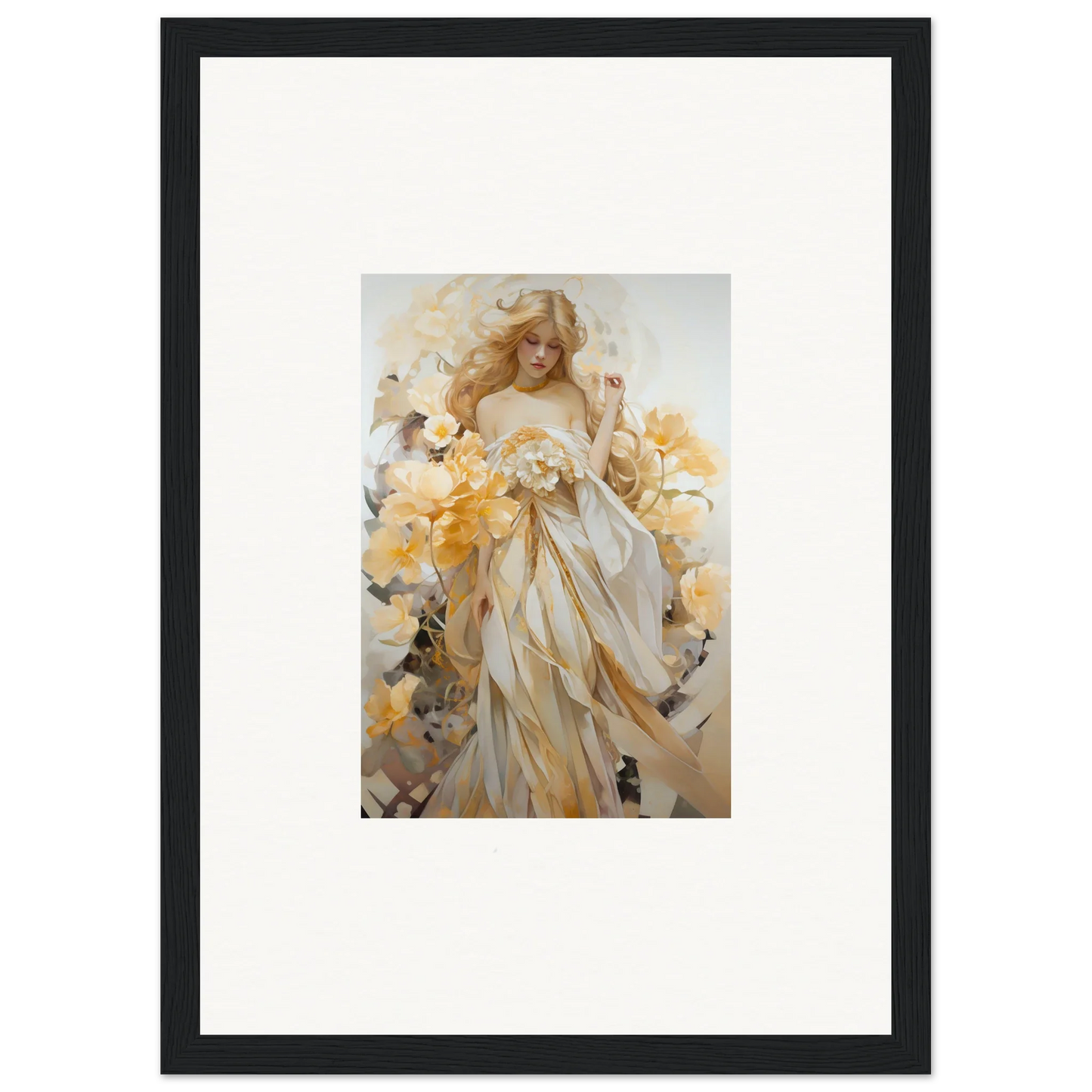 Framed wall art of an ethereal woman in a white dress amid yellow flowers for room decor