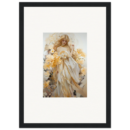 Framed wall art of an ethereal woman in a white dress amid yellow flowers for room decor