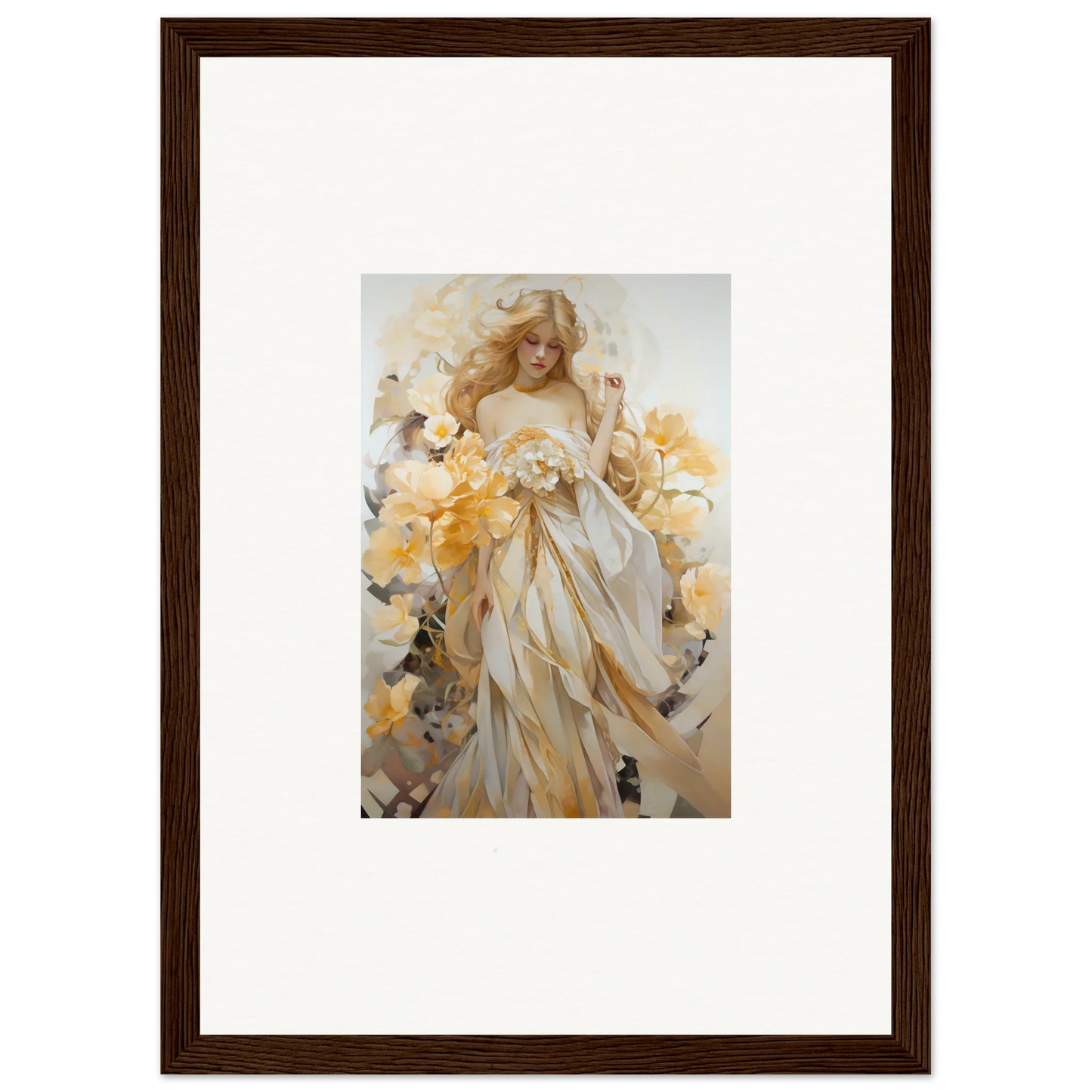 Framed wall art of an ethereal woman in white robes amidst yellow flower blossom sway