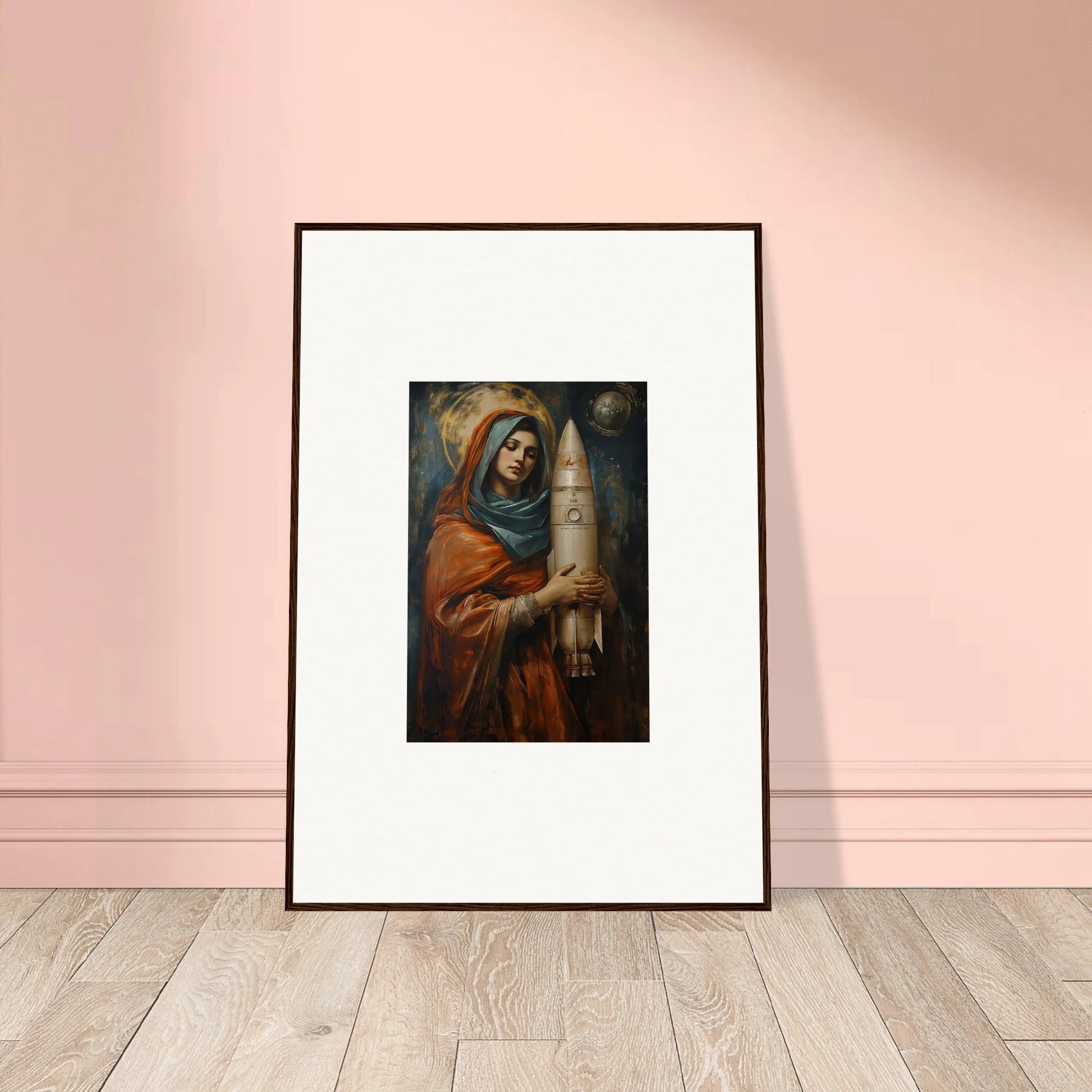 Framed wall art of a figure in orange robes with a candle for quantum atelier room decor