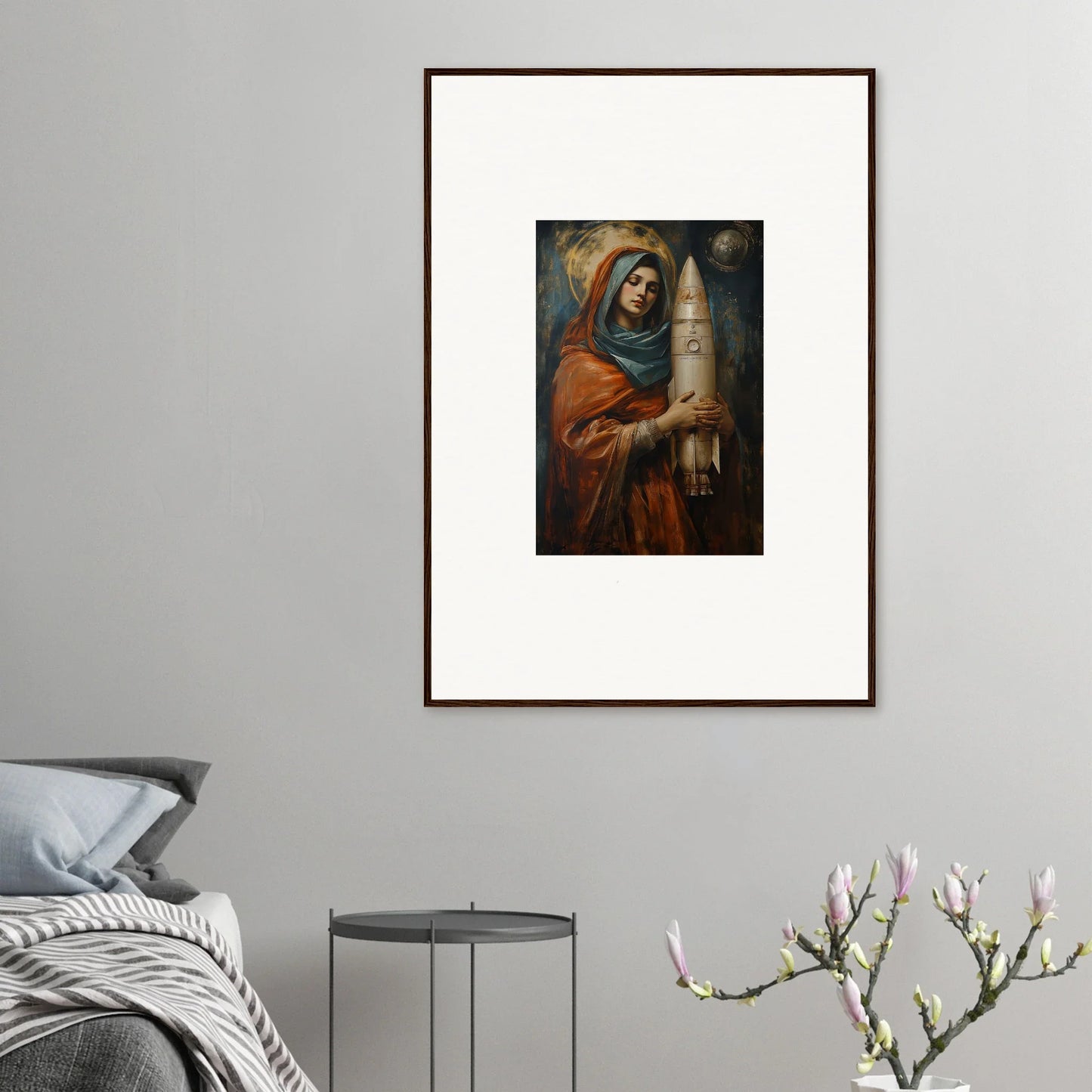 Framed wall art of a figure in religious attire holding a candle for quantum atelier room decor