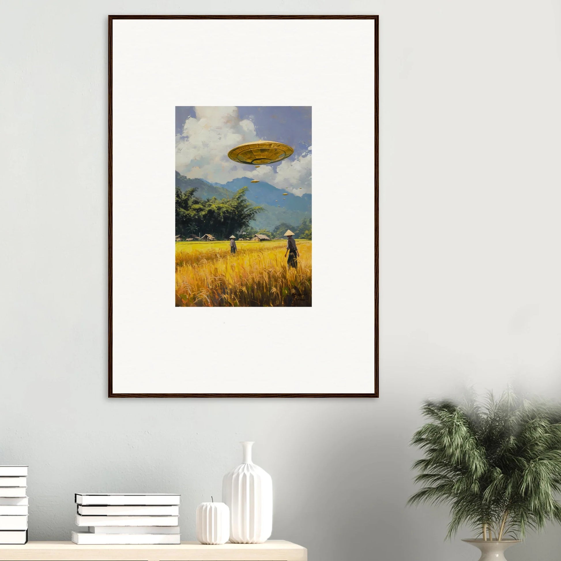 Framed wall art featuring golden wheat field, figure, and UFO for unique room decor