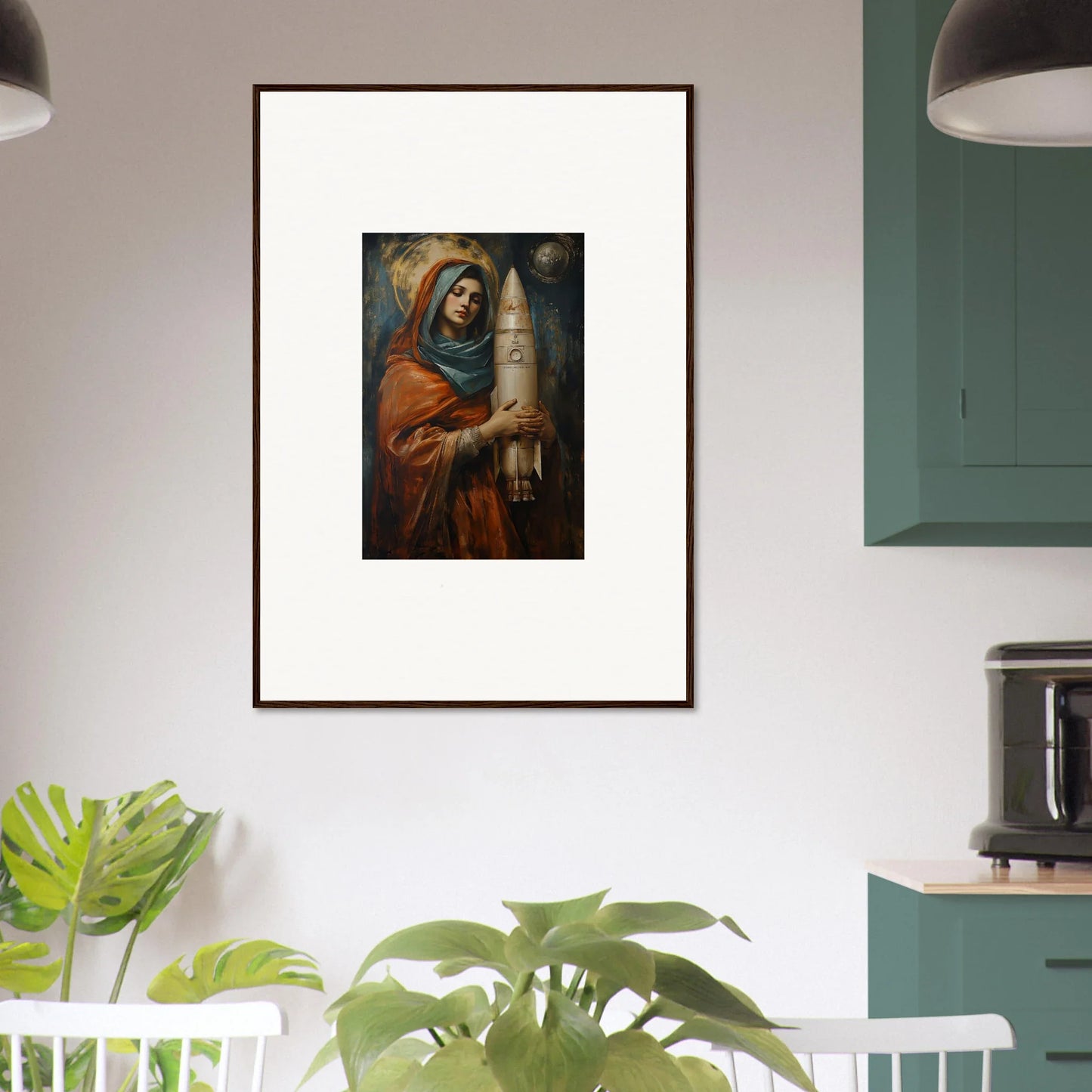 Framed wall art of a hooded figure with a candle in Quantum Atelier room decor