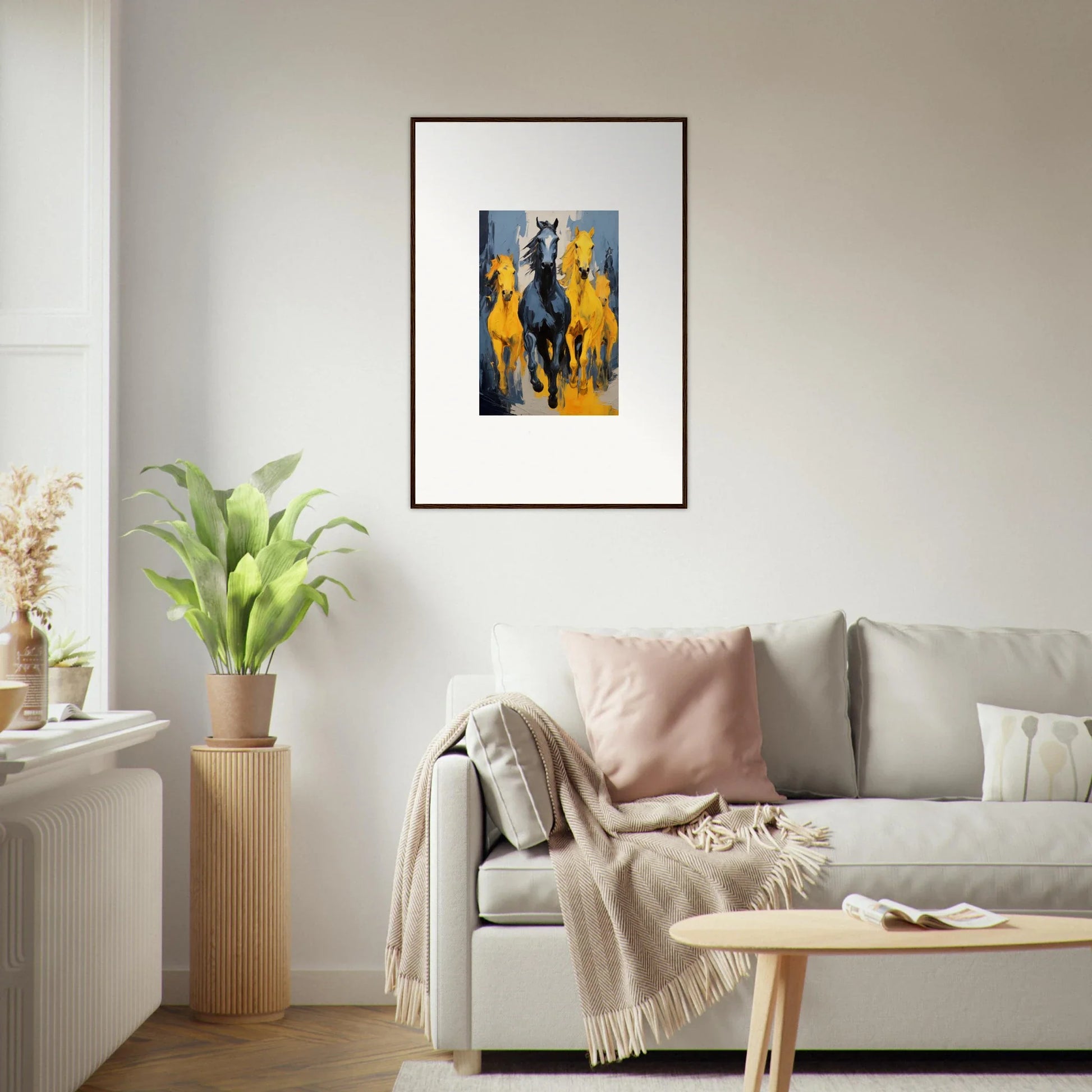 Framed wall art of a horse running on vibrant yellow for mustsers stampede room decor