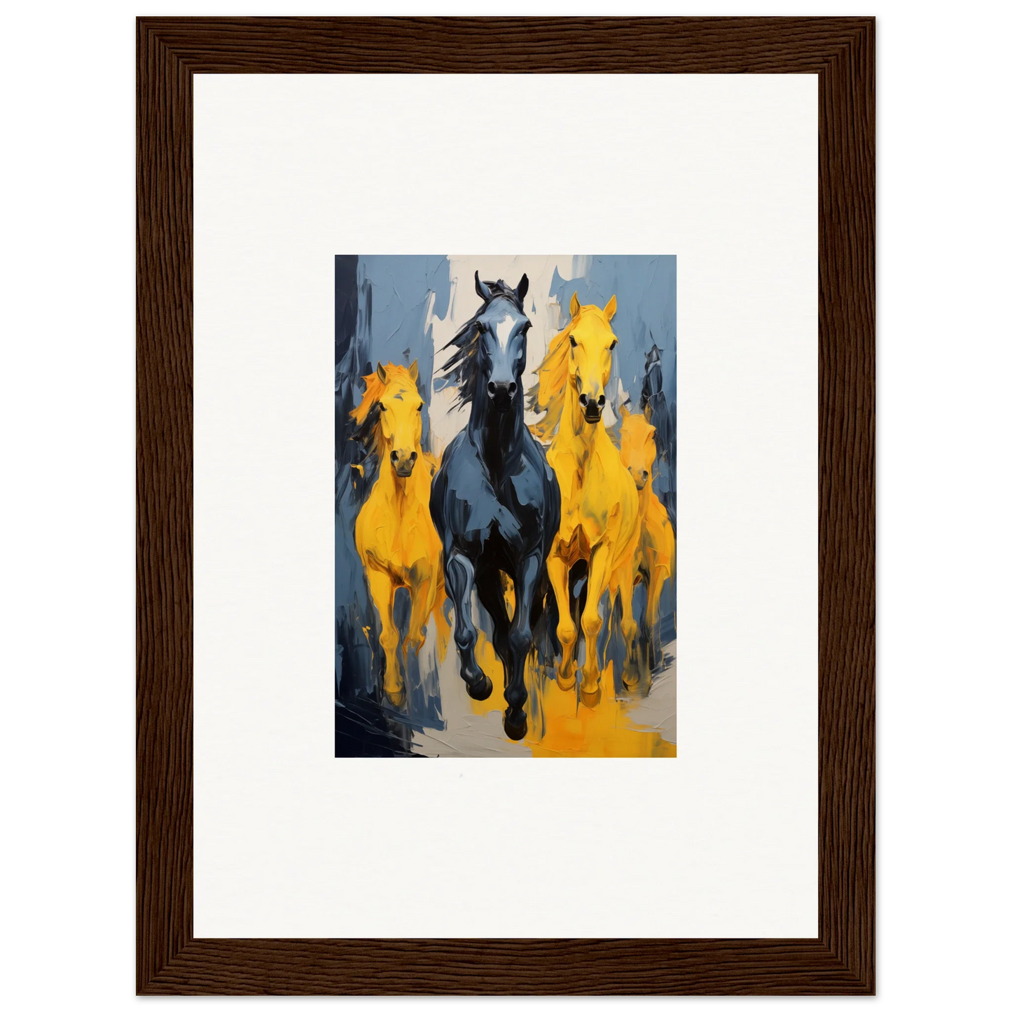 Framed wall art of Electric Mustsers stampede with black and yellow horses in motion