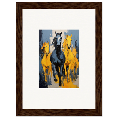 Framed wall art of Electric Mustsers stampede with black and yellow horses in motion