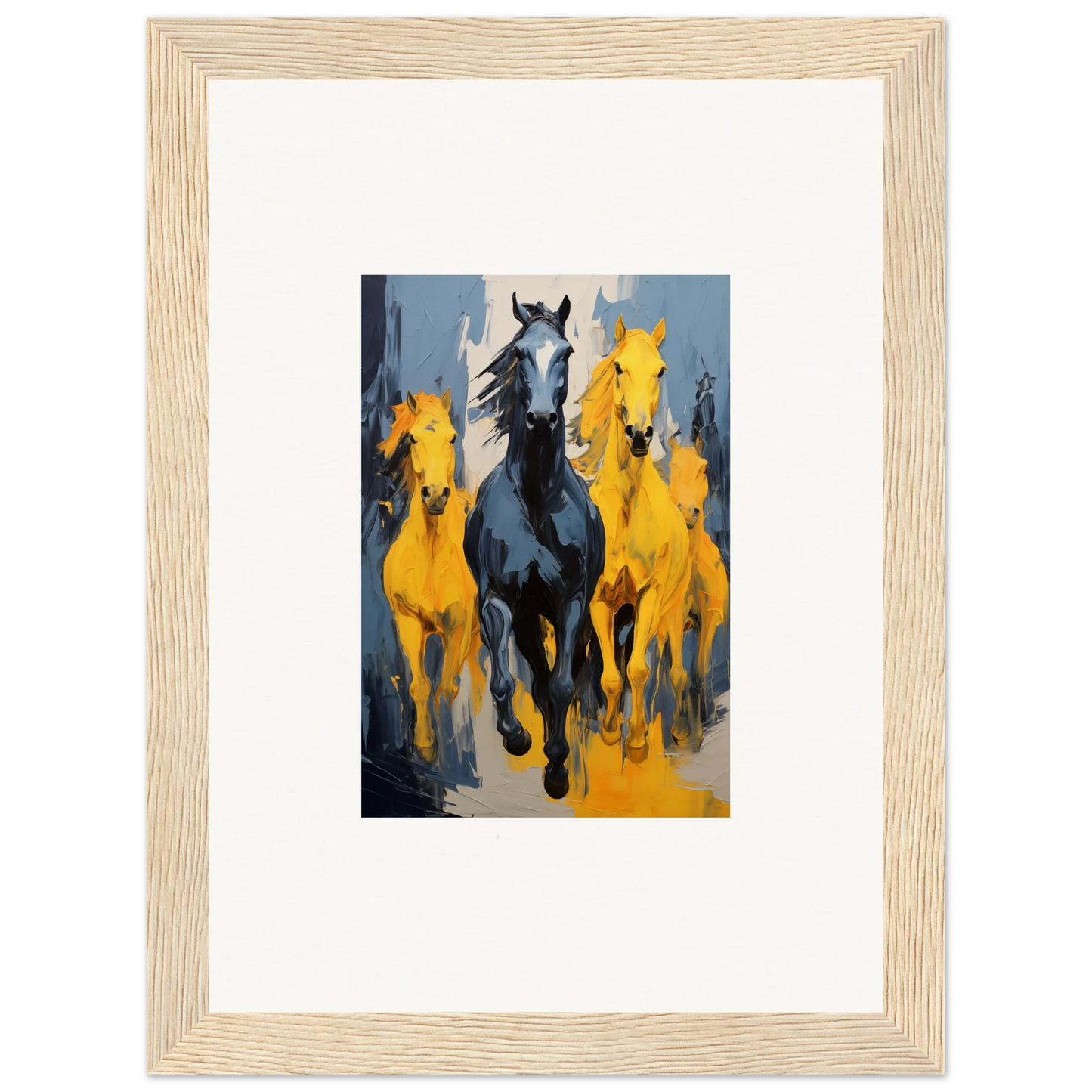 Framed wall art of horses running, featuring mustsers stampede design for room decor