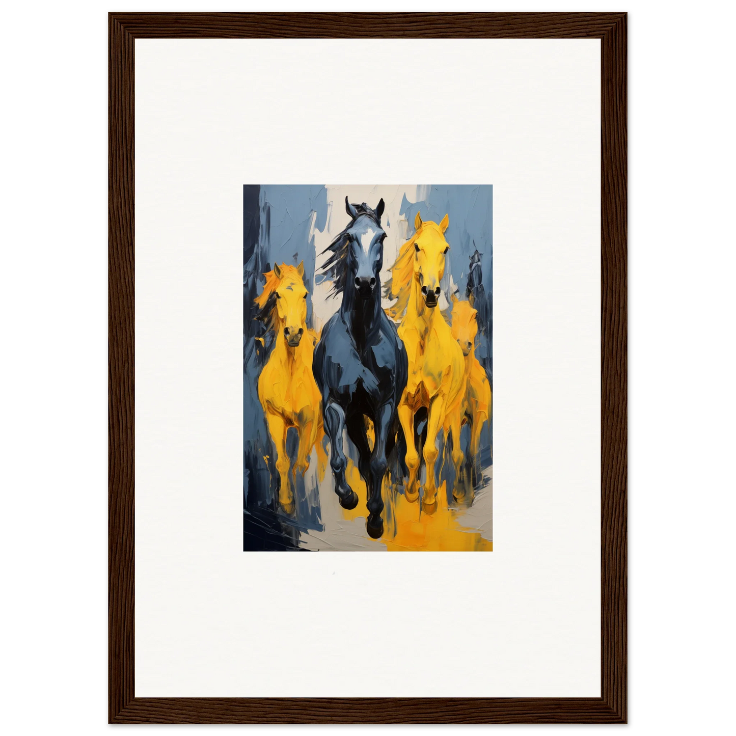 Framed wall art of Mustsers Stampede featuring a black horse with yellow horses