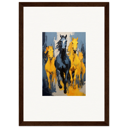 Framed wall art of Mustsers Stampede featuring a black horse with yellow horses