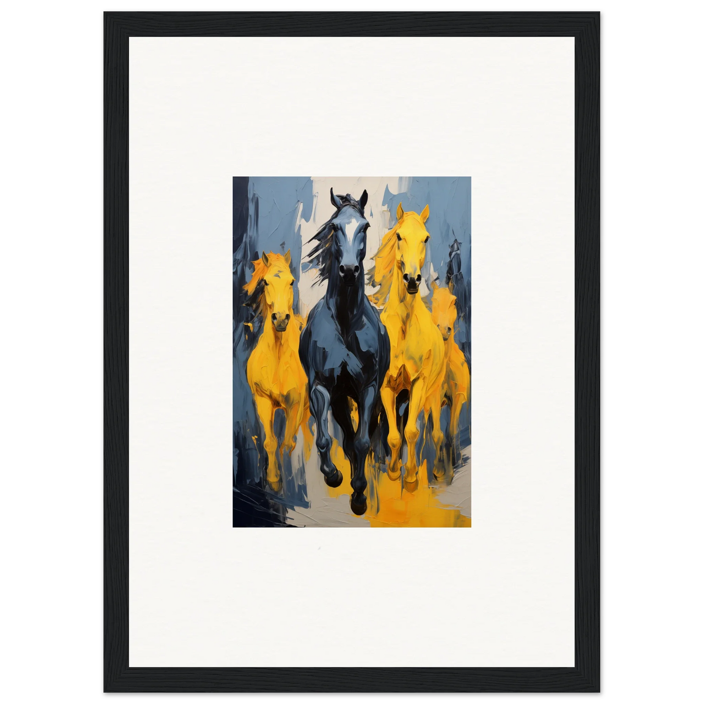 Framed wall art of mustsers stampede featuring galloping horses in vibrant colors