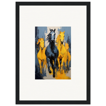 Framed wall art of mustsers stampede featuring galloping horses in vibrant colors