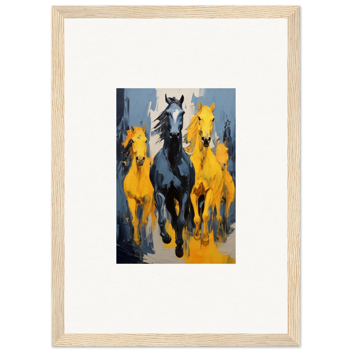 Framed wall art of mustsers stampede with black horse and yellow horses for room decor