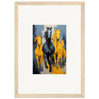 Framed wall art of mustsers stampede with black horse and yellow horses for room decor