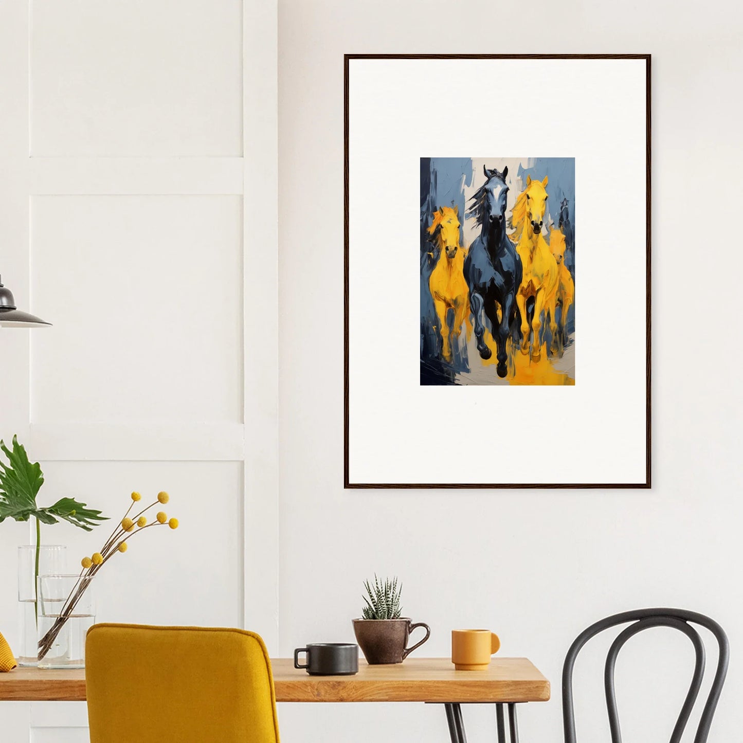 Framed wall art of mustsers stampede with a black horse centered among yellow horses