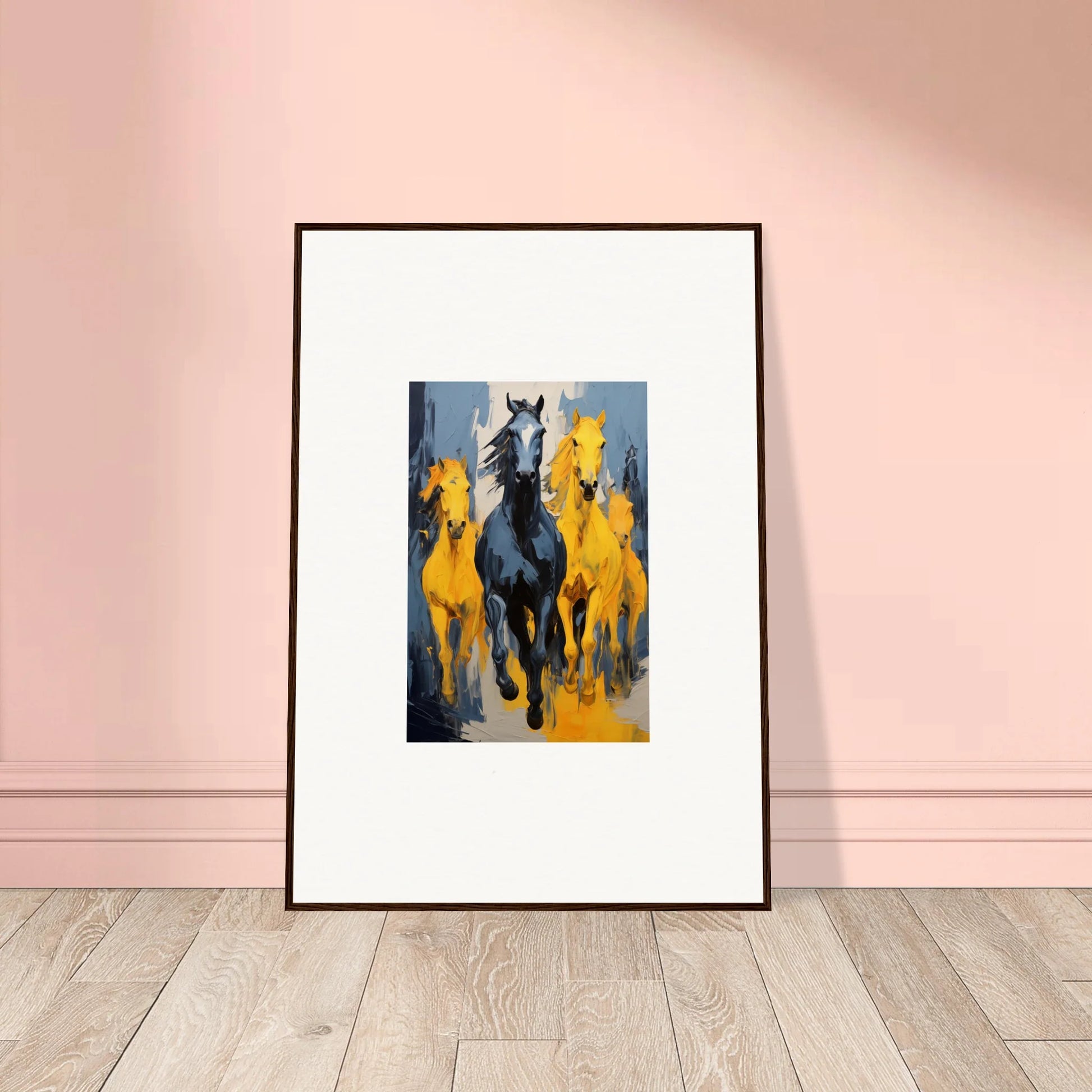 Framed wall art featuring a mustsers stampede of horses in dynamic motion