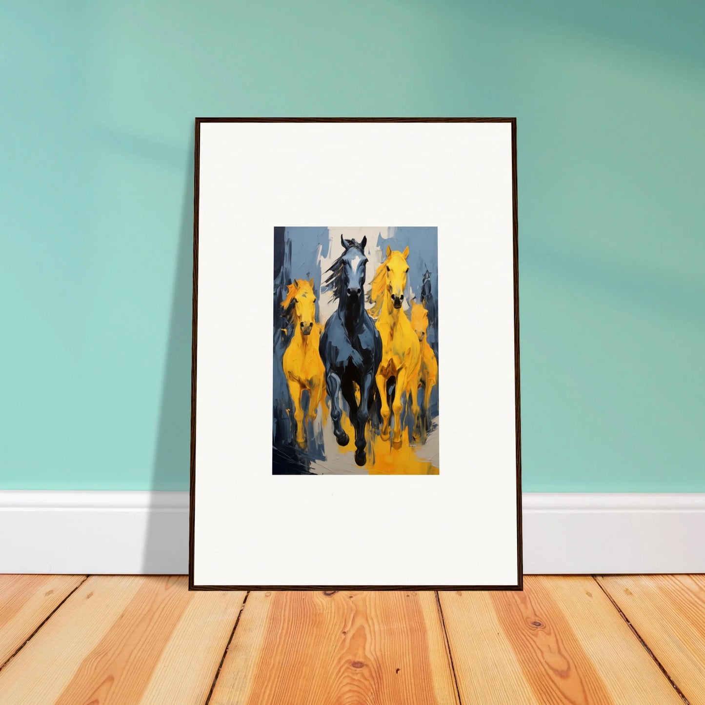 Framed wall art of mustsers stampede with horses, adding vibrant room decor