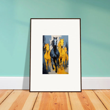 Framed wall art of mustsers stampede with horses, adding vibrant room decor