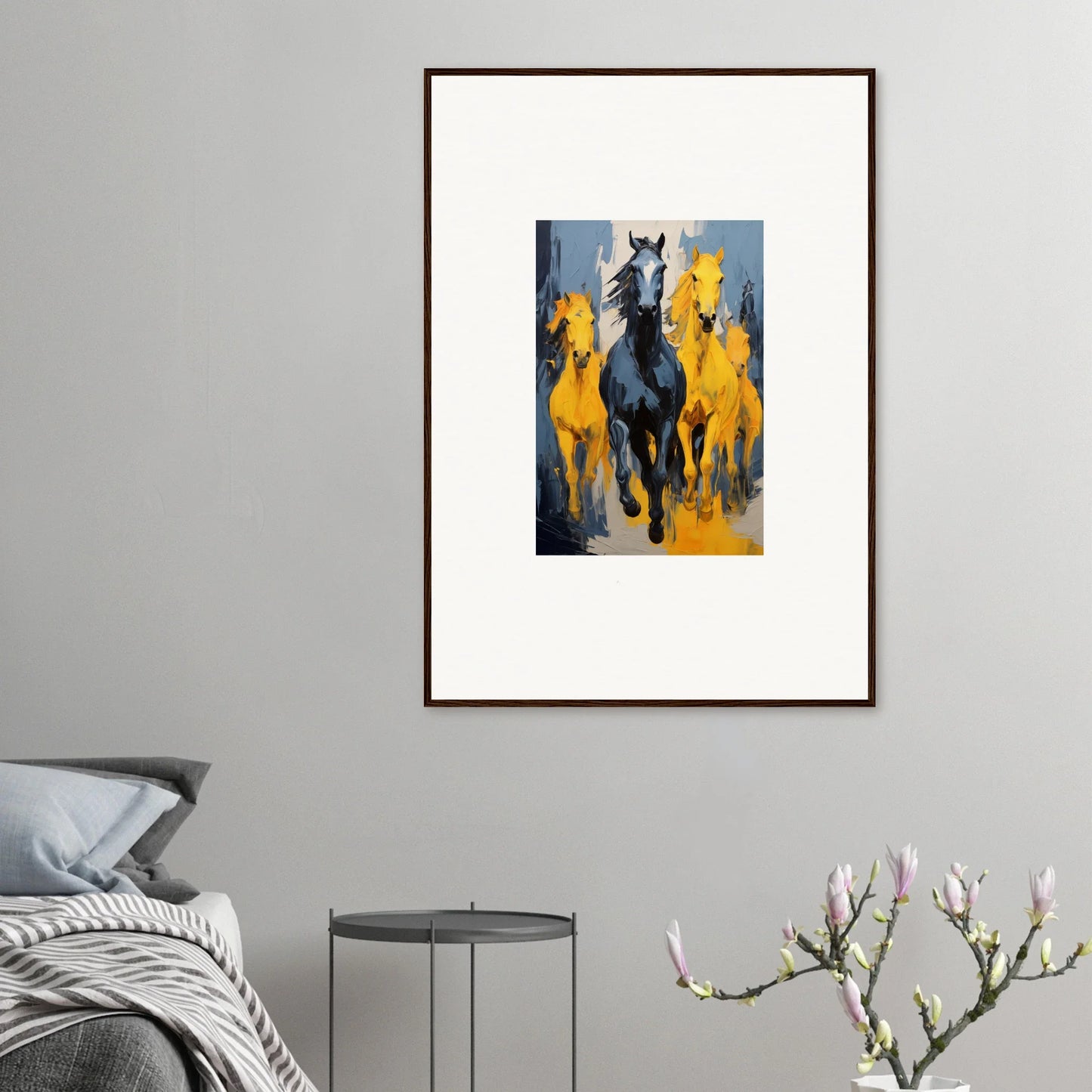 Framed wall art of mustsers stampede with running horses in elegant room decor