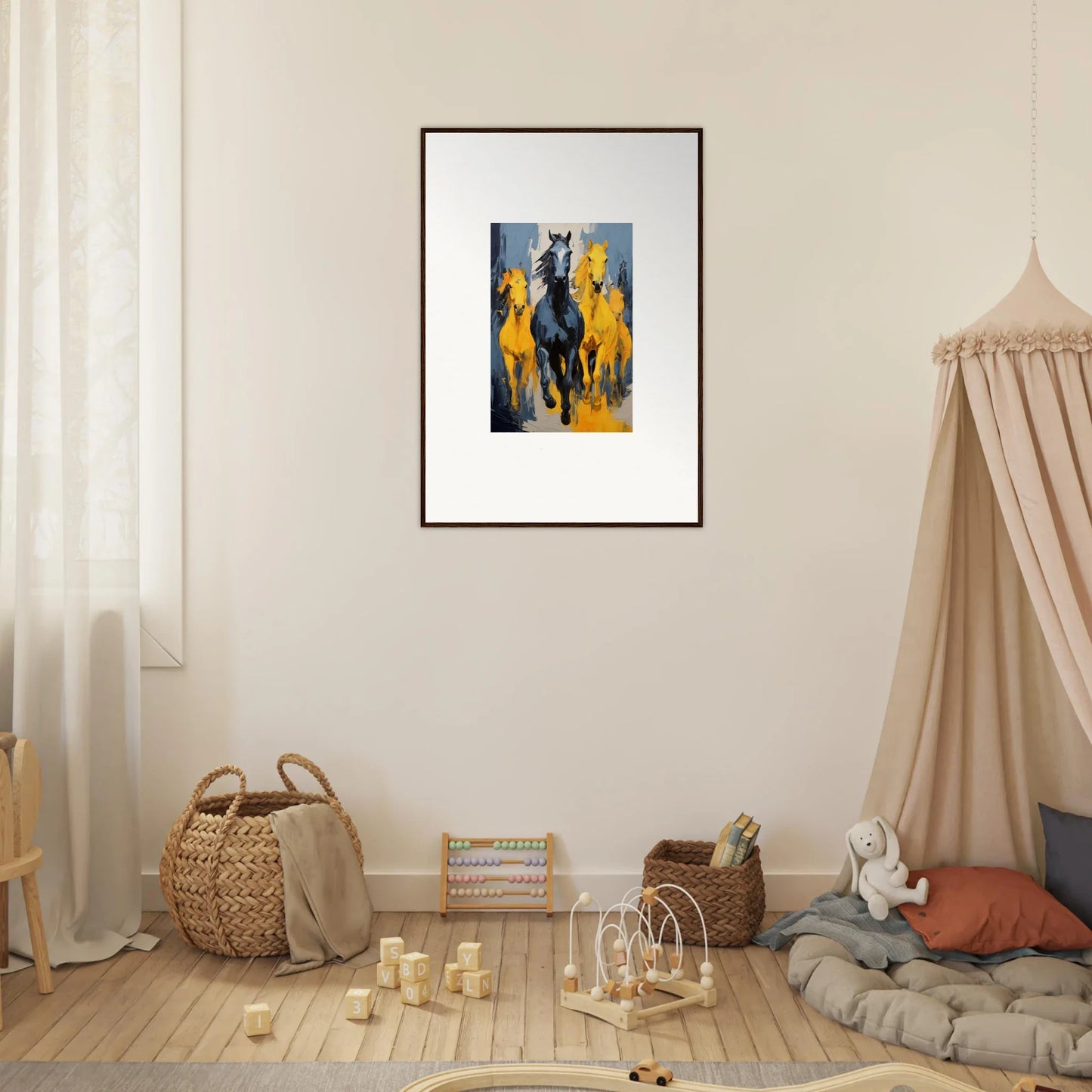 Framed wall art of mustsers stampede with dark and yellow horses for stylish room decor