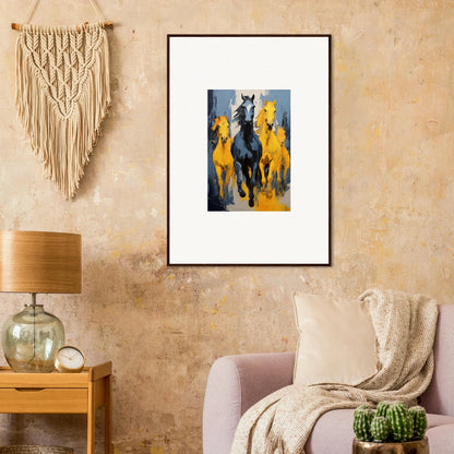 Framed wall art of mustsers stampede with dark horse and yellow horses for room decor