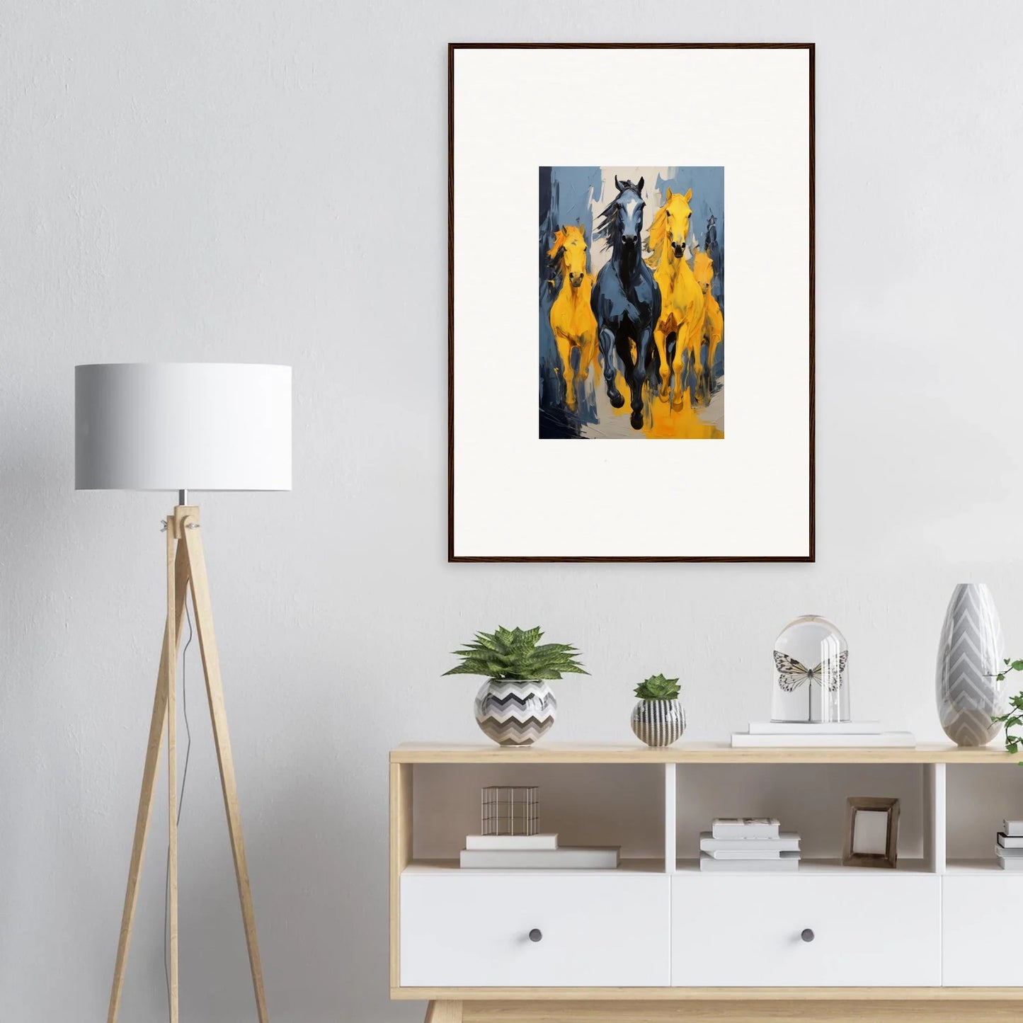 Framed wall art of vibrant galloping horses for stunning room decor mustsers stampede