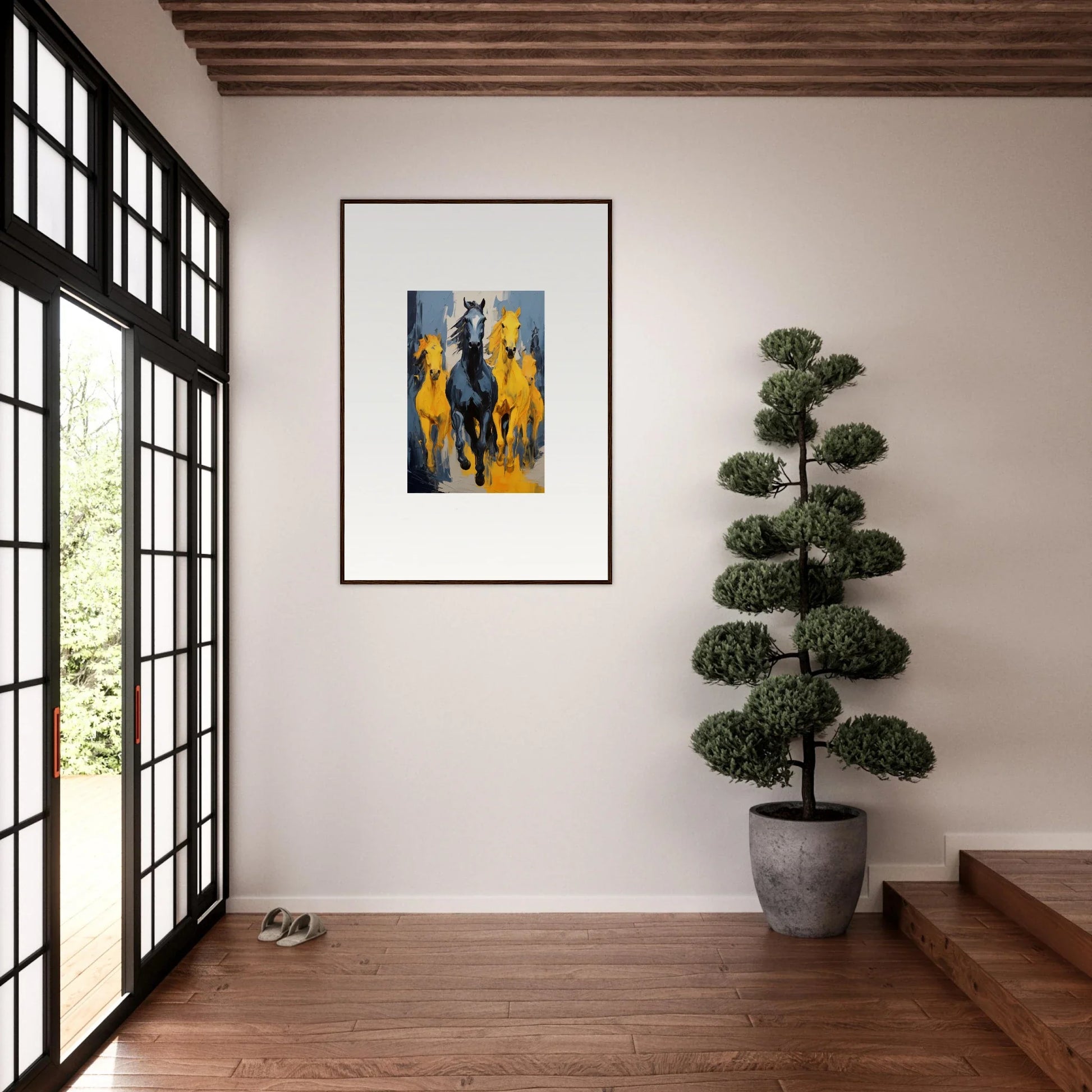 Framed wall art of mustsers stampede with horses on a vibrant yellow background