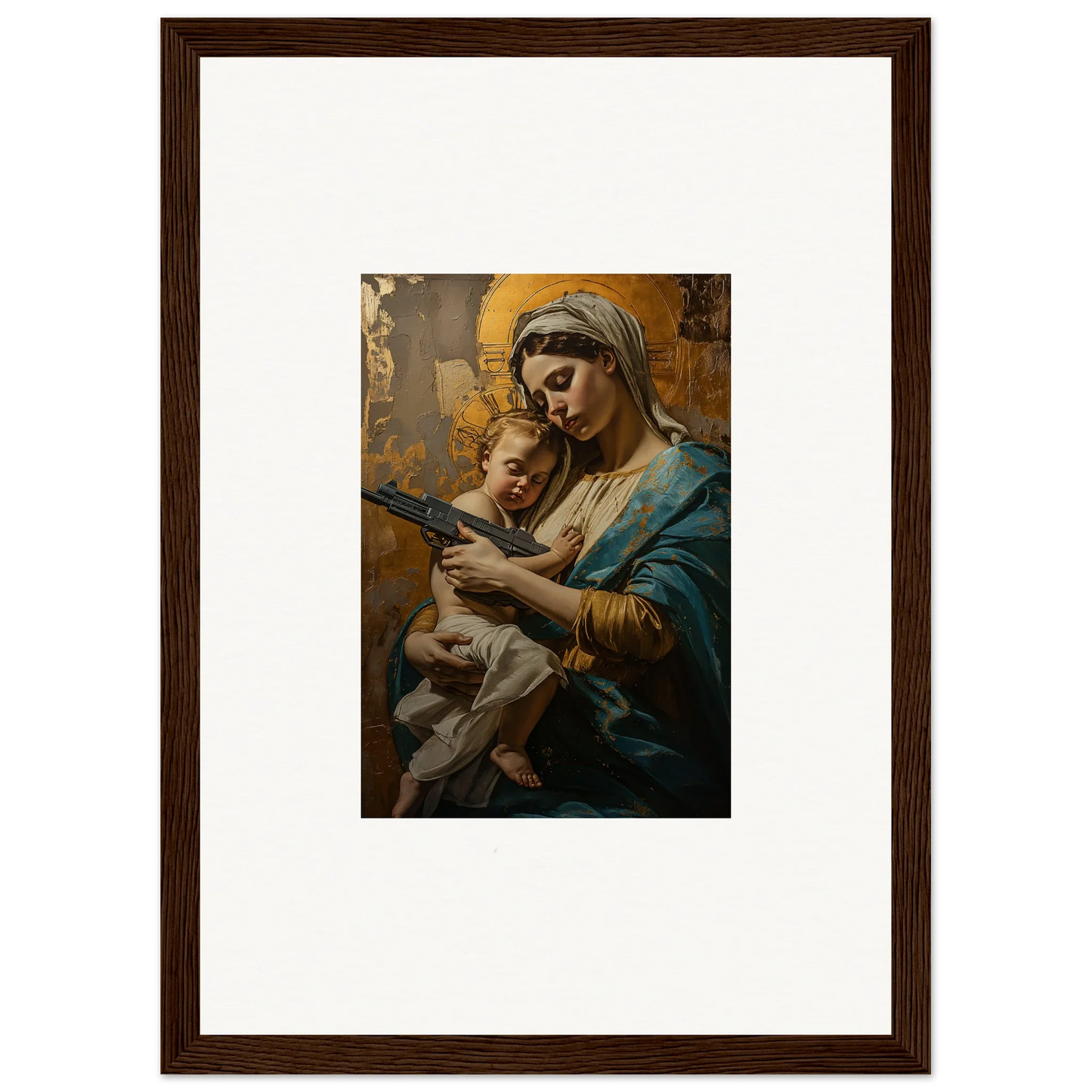 Framed painting of Madonna and Child for serene room decor and wall art