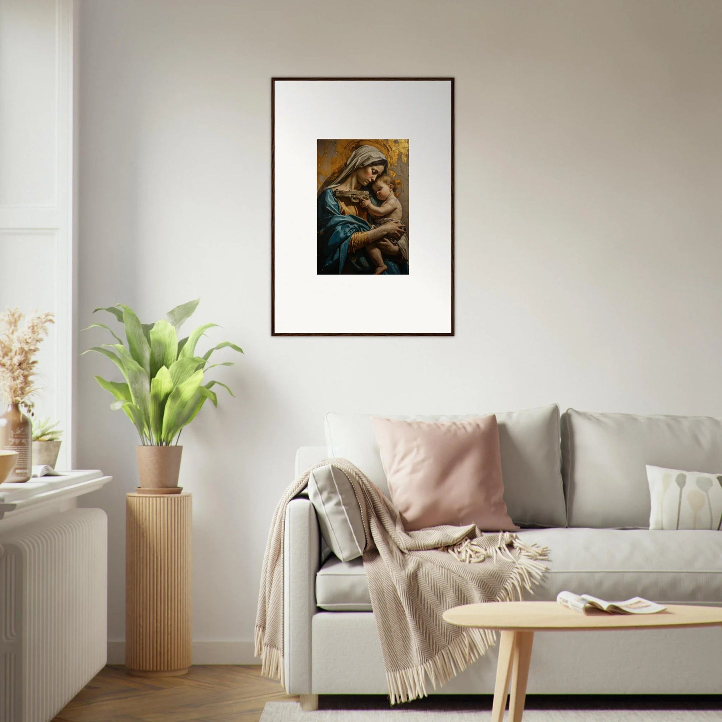 Framed wall art of Madonna and Child in Renaissance style for Saints Harmony room decor