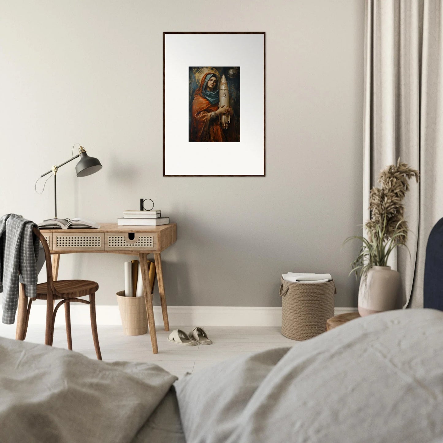 Framed wall art of a religious figure and child, ideal for quantum atelier room decor