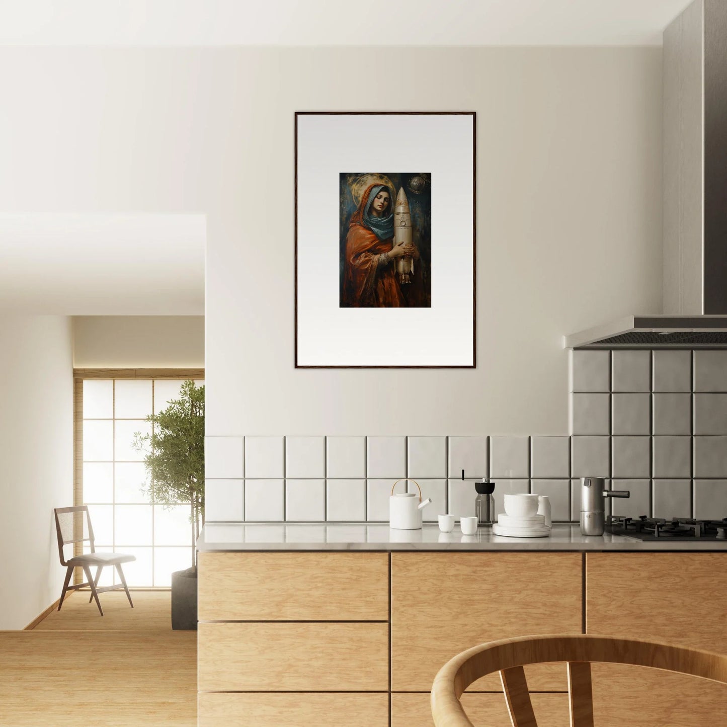 Framed wall art of a religious figure with a scroll for stylish room decor from Quantum Atelier