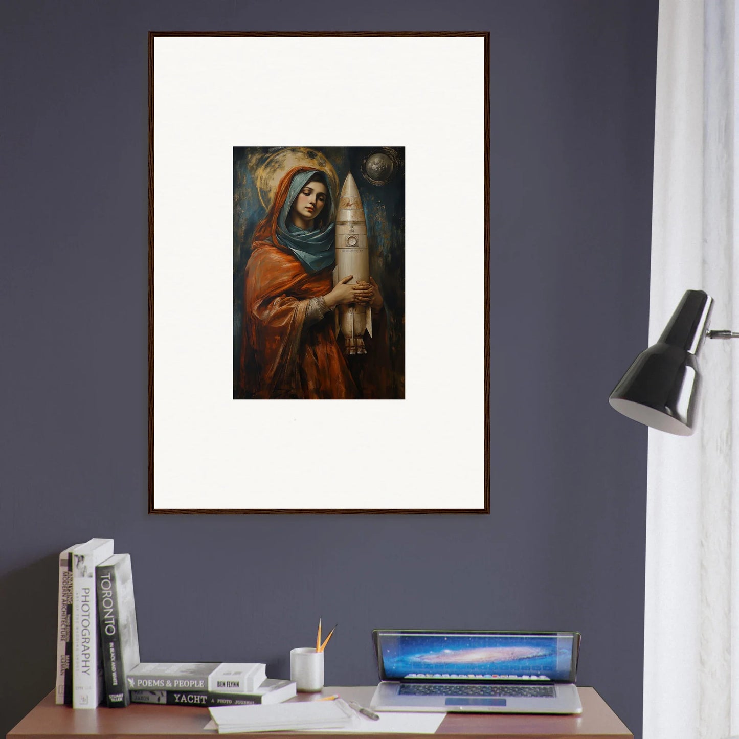 Framed wall art of a robed figure with a candle from Quantum Atelier for unique room decor