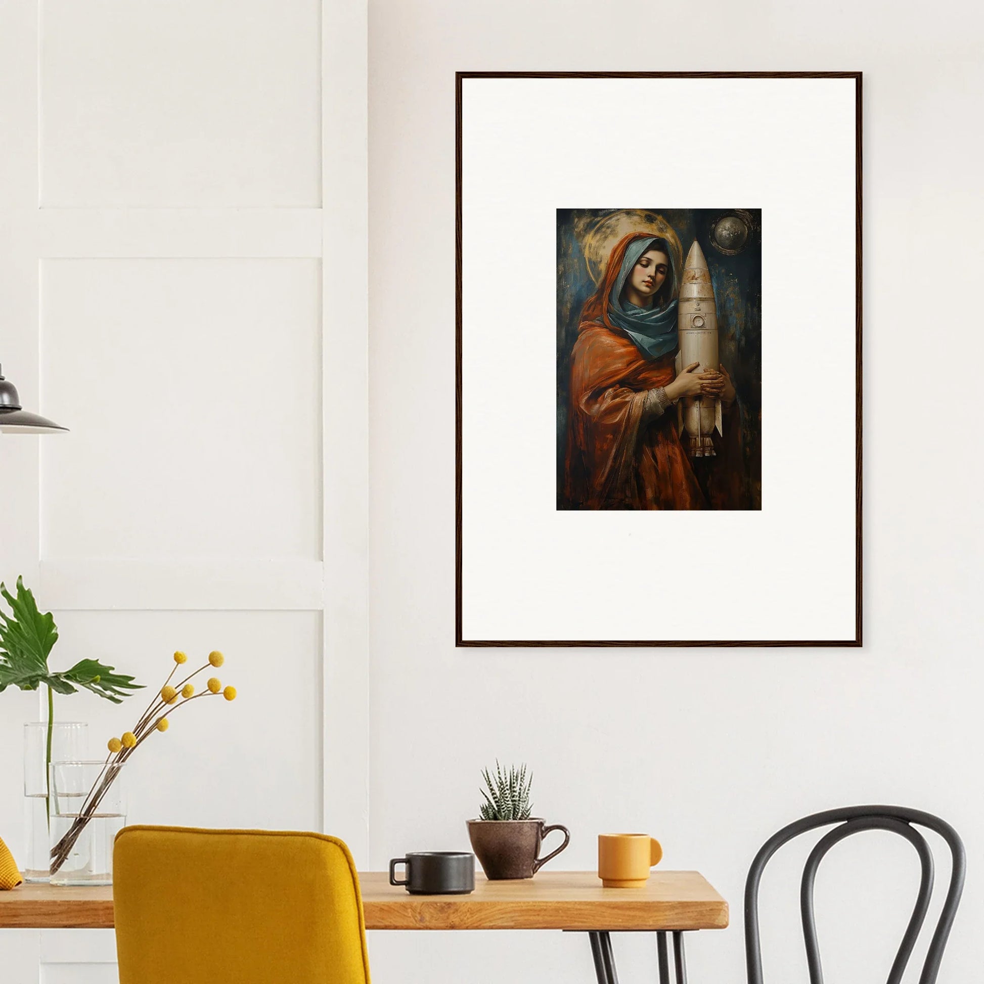 Framed wall art of a robed figure with a model tower for quantum atelier room decor