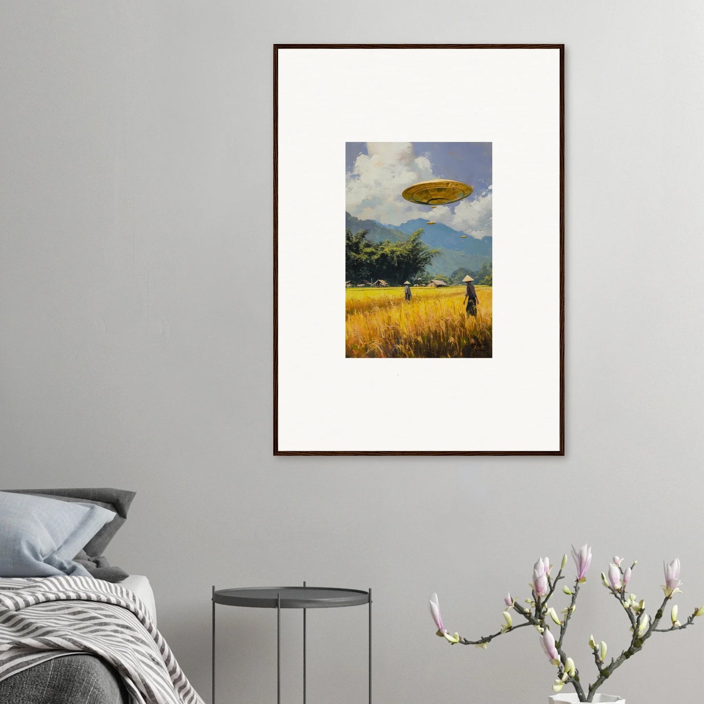 Framed wall art of a rural landscape with a UFO for unique room decor, Circles Kabuki