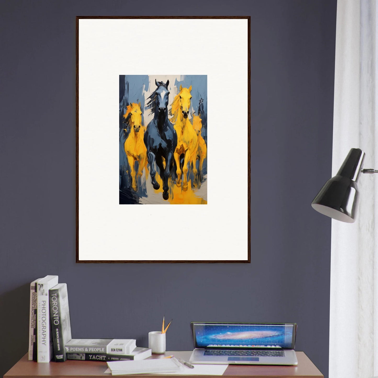 Framed wall art of mustsers stampede with three horses on a blue background