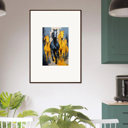 Framed wall art of three running horses in Electric Mustsers Stampede for stylish room decor